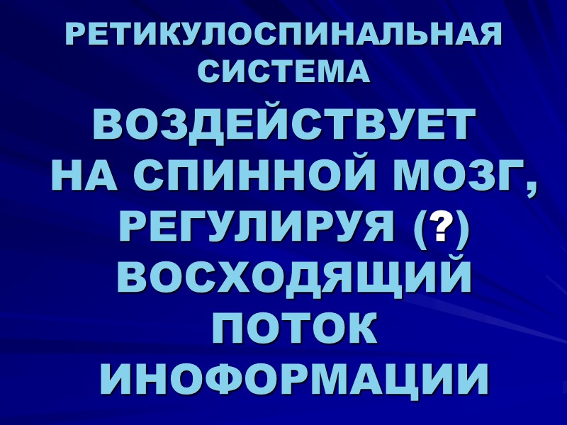 РЕТИКУЛОСПИНАЛЬНАЯ СИСТЕМА ВОЗДЕЙСТВУЕТ  НА СПИННОЙ МОЗГ, РЕГУЛИРУЯ (?) ВОСХОДЯЩИЙ ПОТОК ИНОФОРМАЦИИ